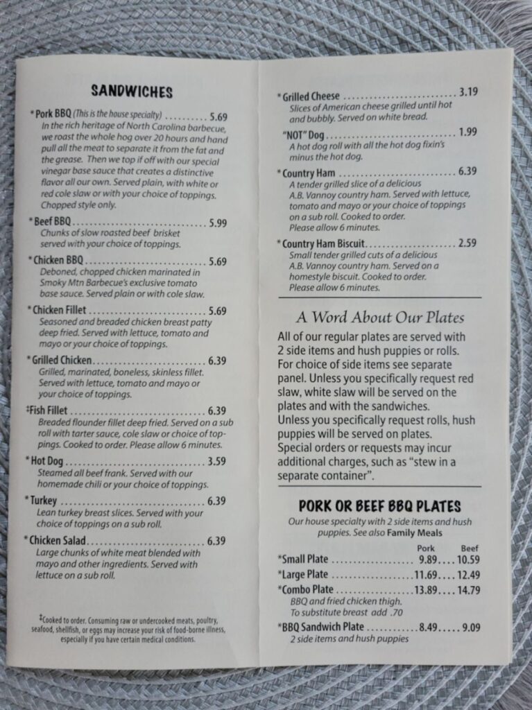 Smoky Mountain Barbecue Menu 2